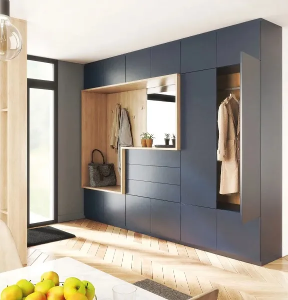 Meuble d’entrée sur-mesure bleu acier et bois