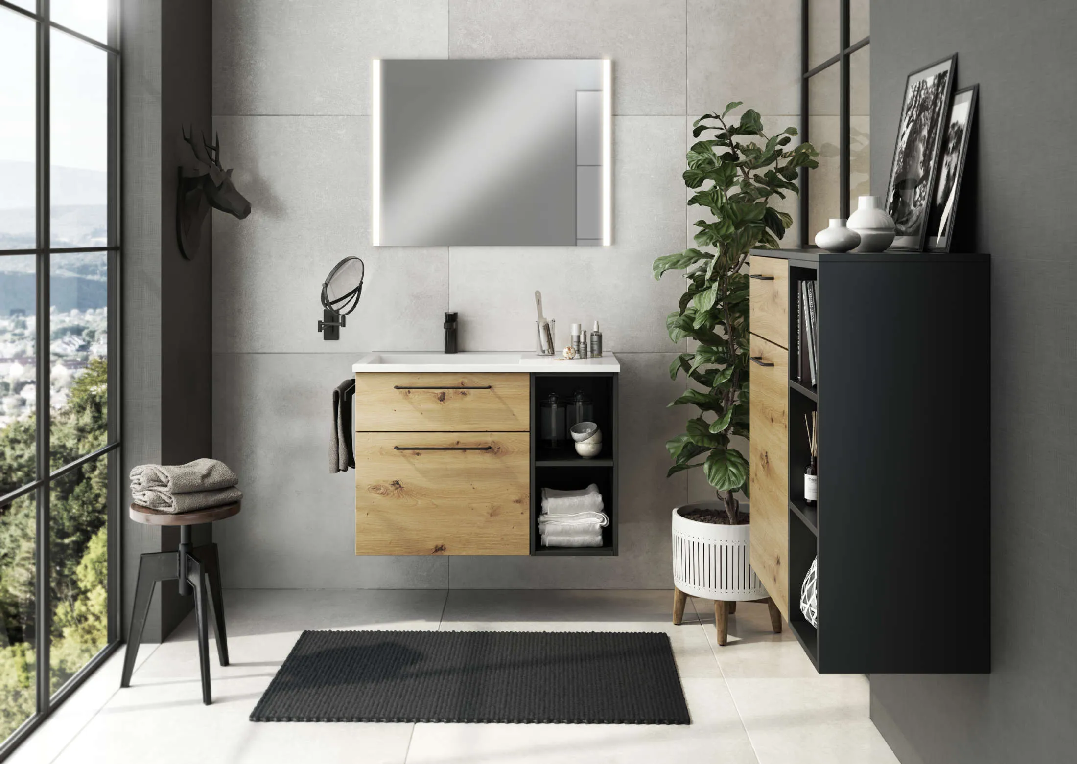 Meubles de salle de bain portes bois et niches noires