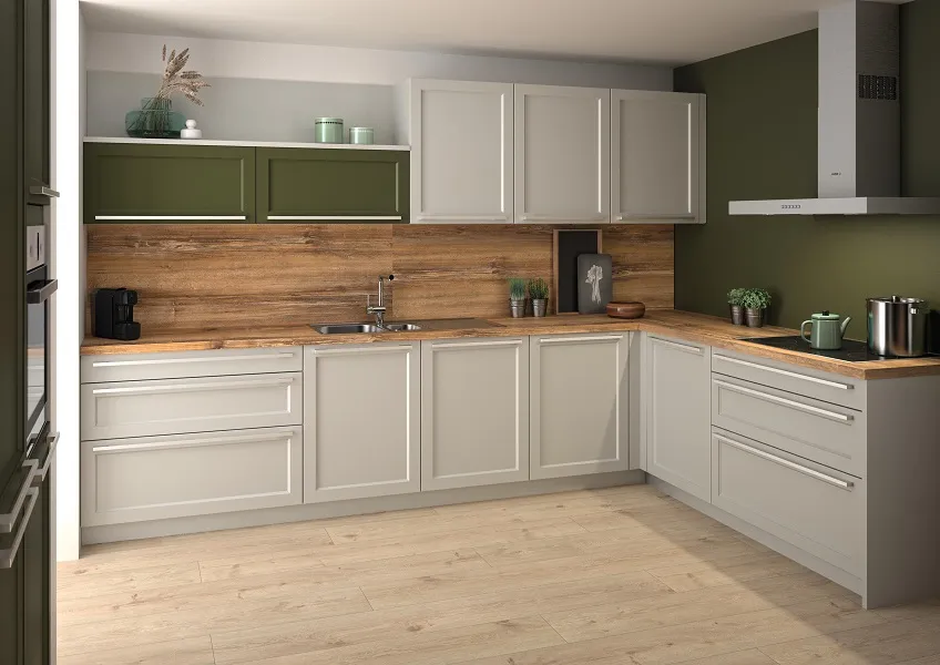 Cuisine style cottage mastic, kaki et bois