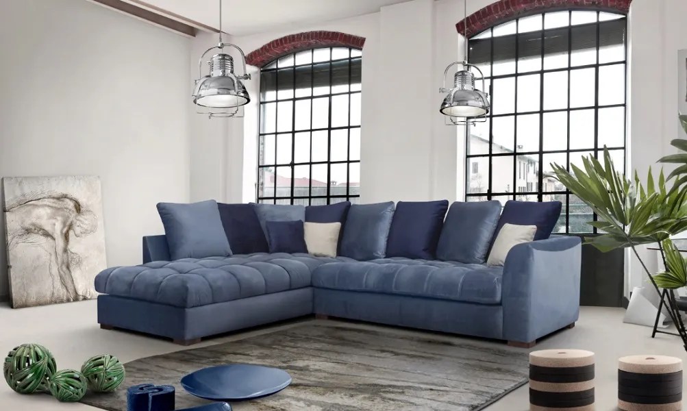 Canapé design : Canapé bleu avec assise capitonnée