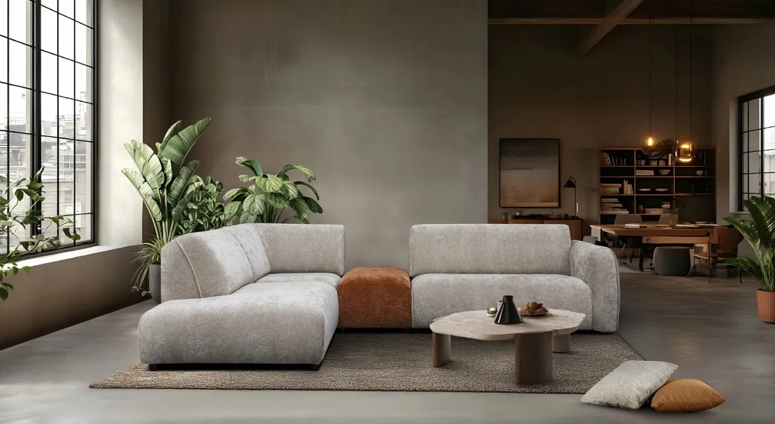 Canapé design : Canapé fixe gris clair et terracota