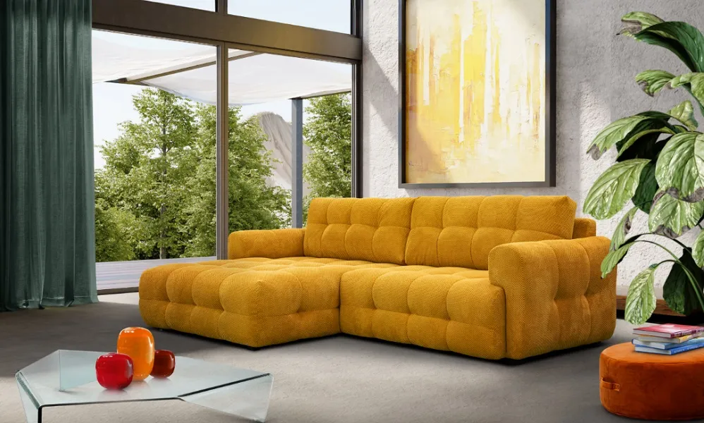 Canapé design jaune capitonné, larges coussins