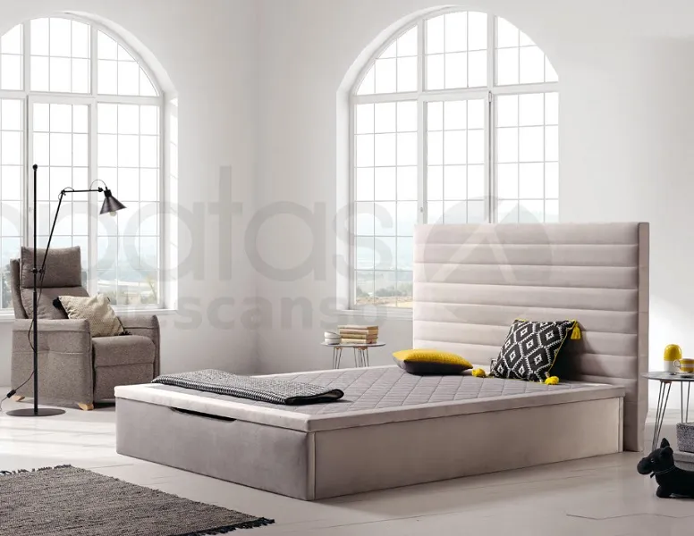 Lit-coffre tissu velours gris clair