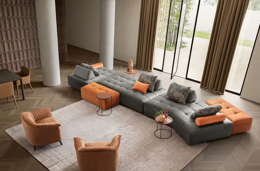 Canapé design : Canapé XXL gris et orange, modulable